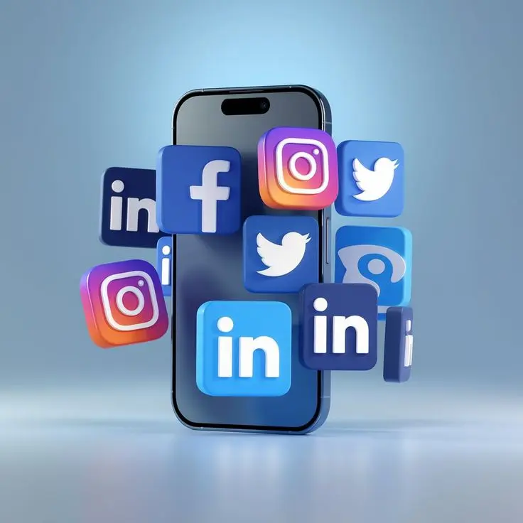 Smartphone displaying social media app icons including Instagram, Facebook, LinkedIn, and X (formerly Twitter), representing social media marketing, online branding, and digital engagement.