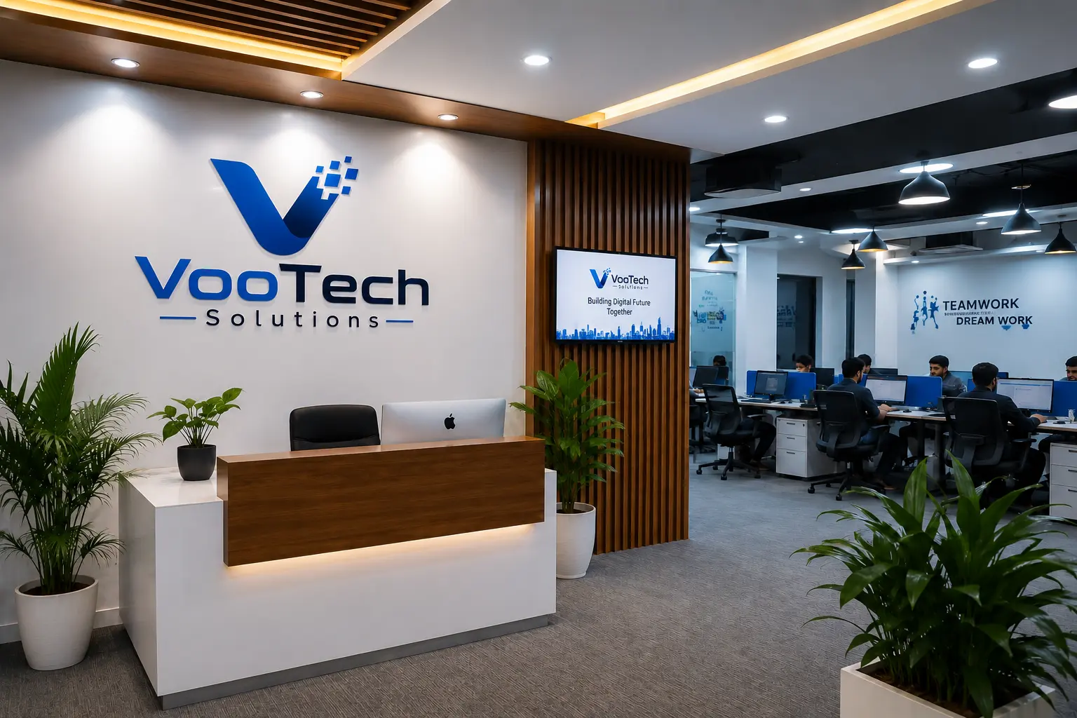 Modern VooTech Solutions office reception with a branded logo on the wall, a sleek wooden reception desk, indoor plants, and an open workspace where team members collaborate at computer workstations in a bright, contemporary office.